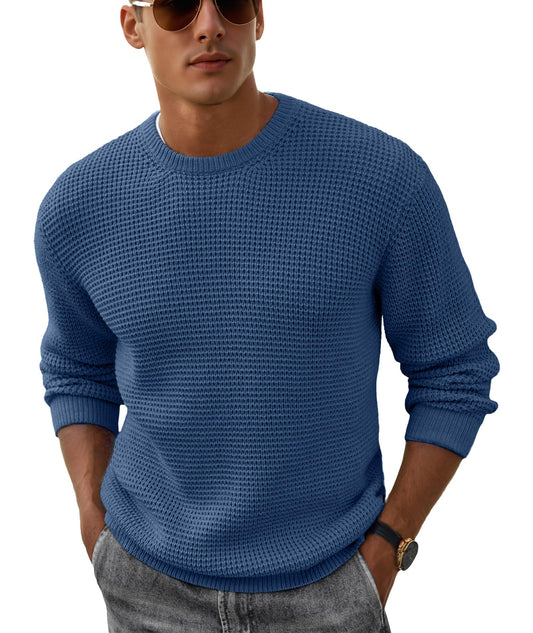Askdeer Mens Crewneck Pullover Sweater Waffle Textured Long Sleeve Casual Knit Sweater Tops Blue