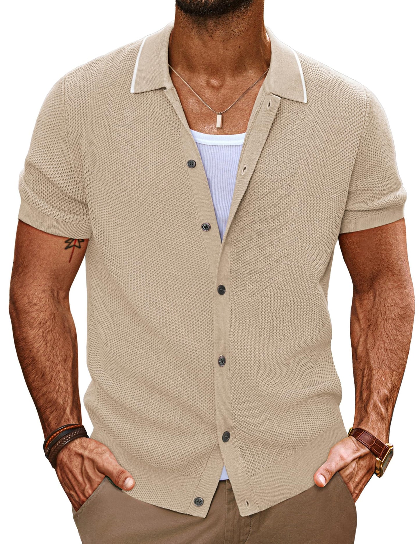Mens Knit Shirt Summer Casual Button Down Shirt Beach Vacation Tops Lightweight Apricot